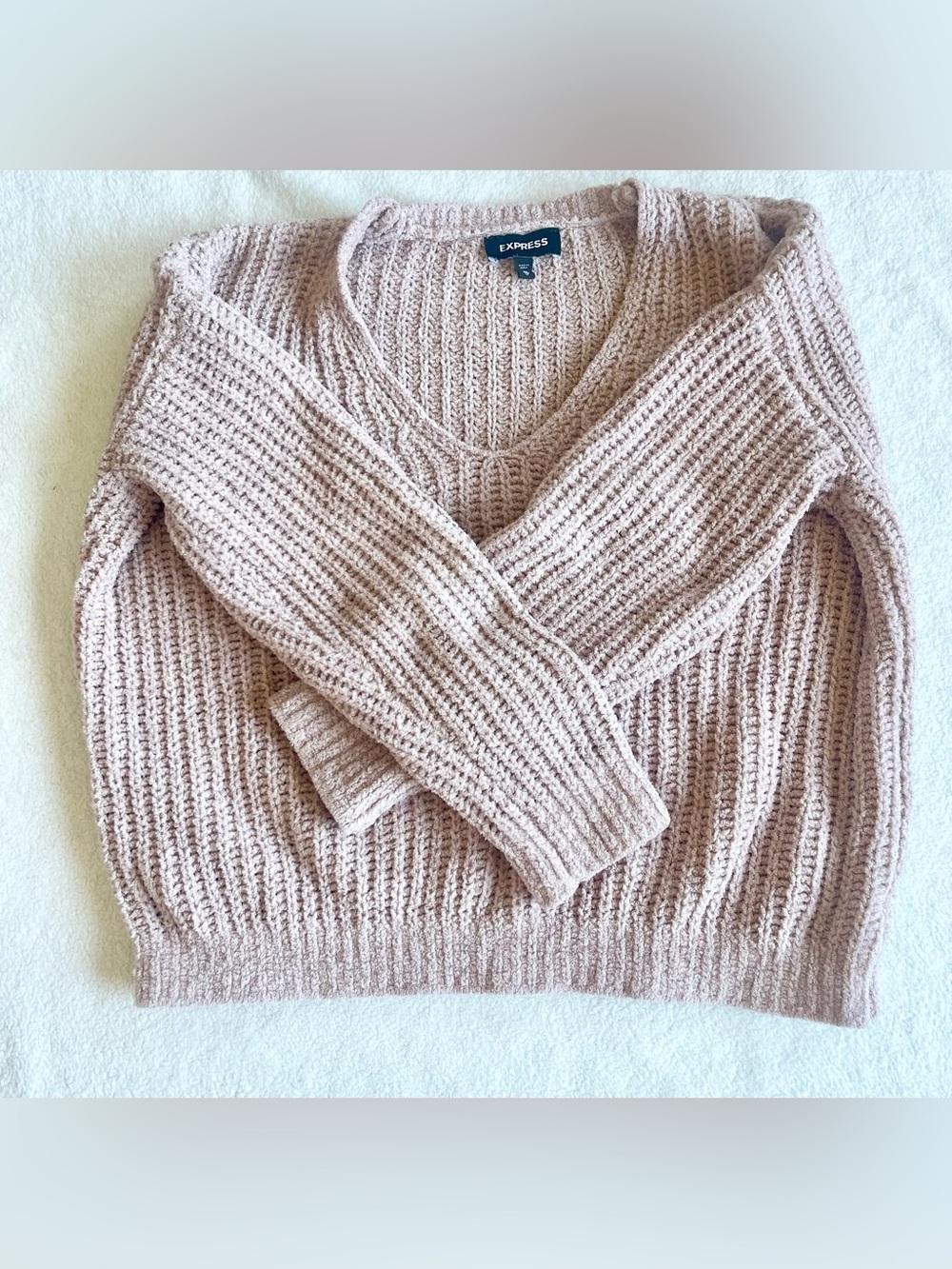 Express Chenille V-Neck Sweater Dusty Pink Shaker Knit Oversized Women's XS